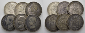 LA PESETA. 5 pesetas. 1875, 76, 78, 85, 88 y 90. Tono en varias. Lote de 6