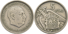 ESTADO ESPAÑOL. 5 pesetas. 1957*58. Error de acuñación. Girada 50º