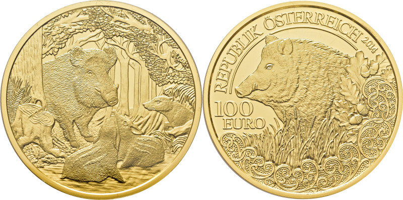 AUSTRIA. 100 euro. 2014. Jabalí (wild boar). En su caja y con certificado oficia...