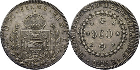 BRASIL. Pedro I. 960 reis. Río. 1823. Acuñada sobre un 8 reales de Fernando VII. EBC+/EBC. Tono. Muy buen ejemplar. Atractivo