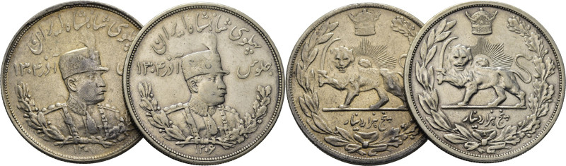 IRÁN. 5.000 dinares. Shah y león. 1304 y 1307 s.H. K1106. MBC+, restos de brillo...
