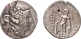 THRACIA - THASOS (circa 148 a.C.) TETRADRAMMA gr.17,0 - D/Testa di Dionisio a d. adorna di corona d'edera R/Ercole stante a s. con clava e accanto un ...