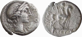 AEMILIA (114-113 a.C.) Man. Aemilius Lepidus DENARIO -D/Busto di Roma a d. , dietro *. R/Statua equestre su tre arcate -Ar - B. 4 - Syd. 554 porosità ...