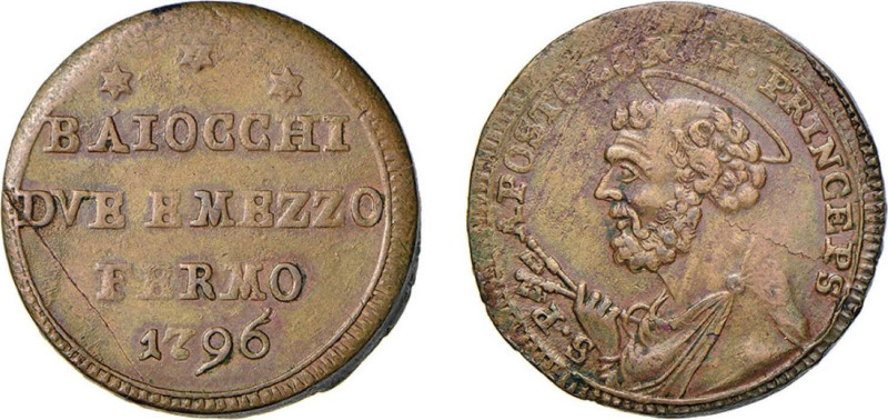 FERMO - PIO VI (1775-1799) SAMPIETRINO DA 2,5 BAJ 1796 - D/Il valore *** = BAIOC...