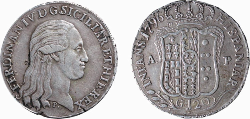 NAPOLI - FERDINANDO IV (1°p. 1759-1799) 120 GRANA ANNO 1796 - D/Busto con lunghi...