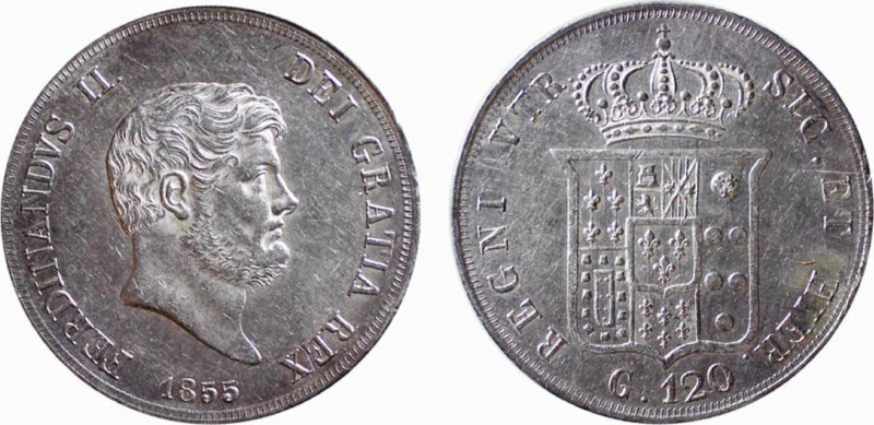 NAPOLI - FERDINANDO II (1830 - 1859) 120 GRANA - ANNO 1855 -D/Testa nuda del re ...