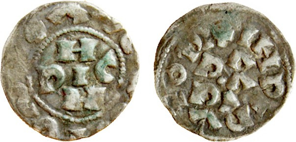 PAVIA - ENRICO III DI FRANCONIA (1056-1106) DENARO -D/Nel campo HE=RIC=H R/Nel c...