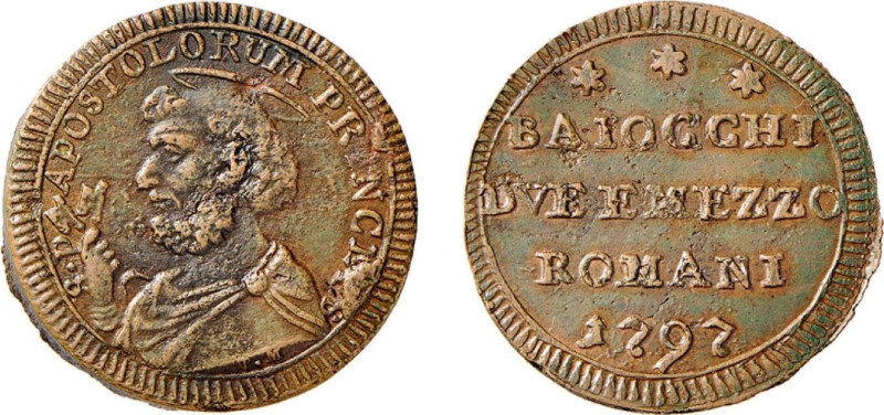 ROMA - PIO VI (1775-1799) SAMPIETRINO DA 2,5 BAJ 1797 - D/In cinque righe: ***=B...