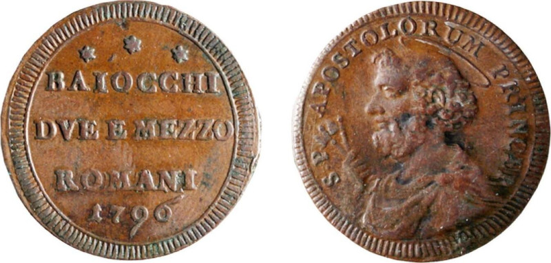 ROMA - PIO VI (1775-1799) SAMPIETRINO DA 2,5 BAJ 1796 -D/Scritta entro cerchio l...