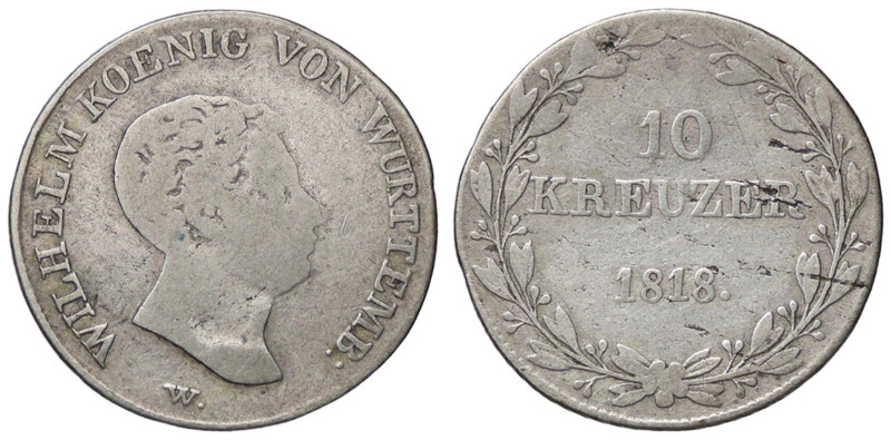 ESTERE - GERMANIA - WURTTEMBERG - Guglielmo I (1816-1864) - 10 Kreuzer 1818 W Kr...