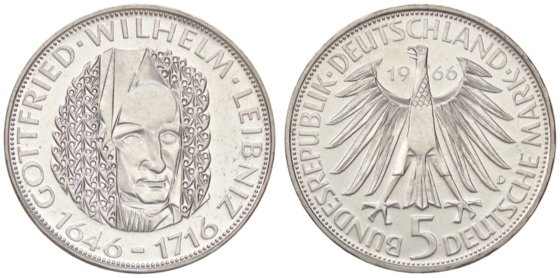 ESTERE - GERMANIA - Repubblica Federale (1949) - 5 Marchi 1966 D - Leibniz Kr. 1...