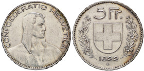 ESTERE - SVIZZERA - Confederazione - 5 Franchi 1922 B Kr. 37 AG

Status: BB+