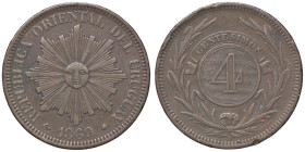 ESTERE - URUGUAY - Repubblica (1830) - 4 Centesimos 1869 H Kr. 13 CU Colpetto

Status: bel BB

 Colpetto