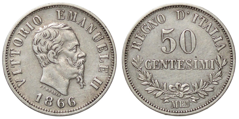 SAVOIA - Vittorio Emanuele II Re d'Italia (1861-1878) - 50 Centesimi 1866 M Valo...