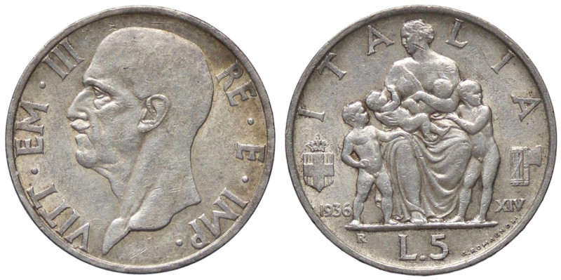 SAVOIA - Vittorio Emanuele III (1900-1943) - 5 Lire 1936 XIV Fecondità Pag. 719;...