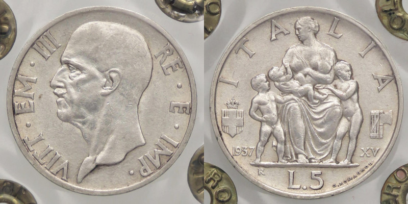 SAVOIA - Vittorio Emanuele III (1900-1943) - 5 Lire 1937 XV Fecondità Pag. 720; ...