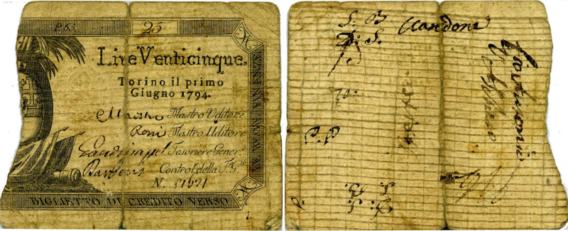 CARTAMONETA - SARDO-PIEMONTESE - Regie Finanze - 25 Lire 01/06/1794 - 1° tipo Ga...