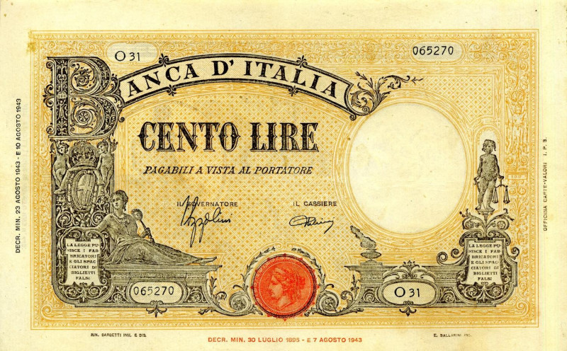 CARTAMONETA - BANCA d'ITALIA - Vittorio Emanuele III (1900-1943) - 100 Lire - Ba...