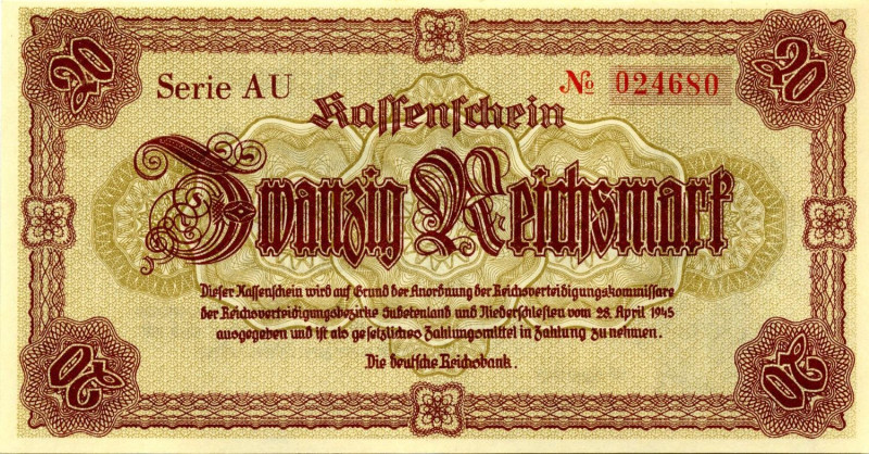 CARTAMONETA ESTERA - GERMANIA - Terzo Reich (1933-1945) - 20 Marchi 28/04/1945 S...
