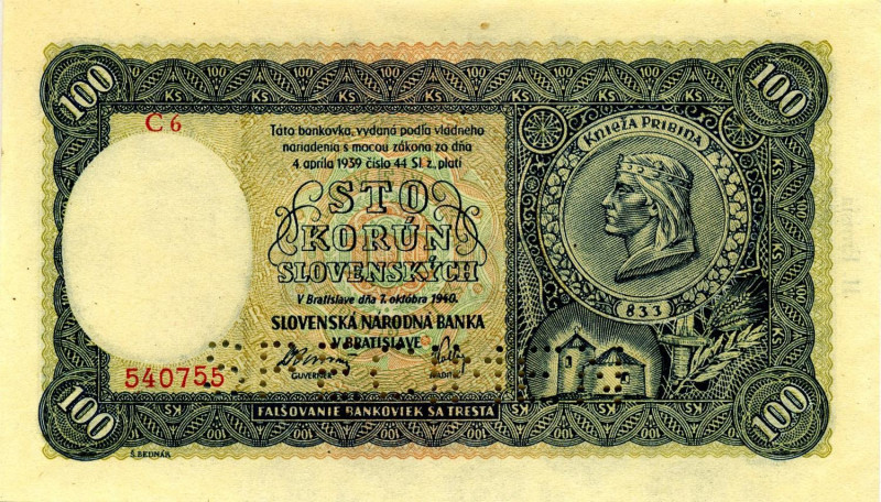 CARTAMONETA ESTERA - SLOVACCHIA - Repubblica - 100 Corone 07/10/1940 SPECIMEN
...