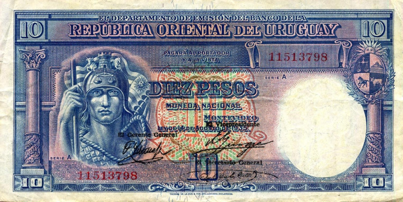 CARTAMONETA ESTERA - URUGUAY - Repubblica (1830) - 10 Pesos 14/08/1935

Status...