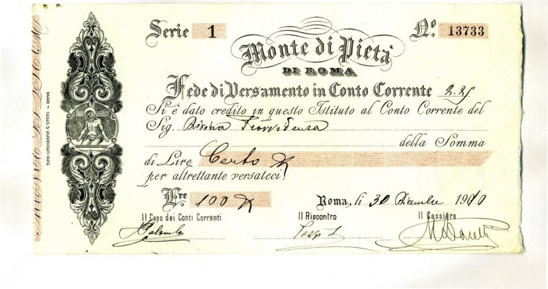 VARIE - Assegni Monte di Pietà di Roma, 100 lire 30/12/1900

Status: qFDS