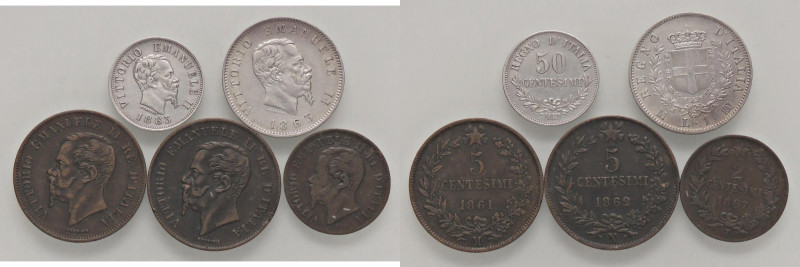 LOTTI - Savoia Lira 1863 M Stemma, 50 centesimi 1863 M valore, 5 centesimi 1861 ...