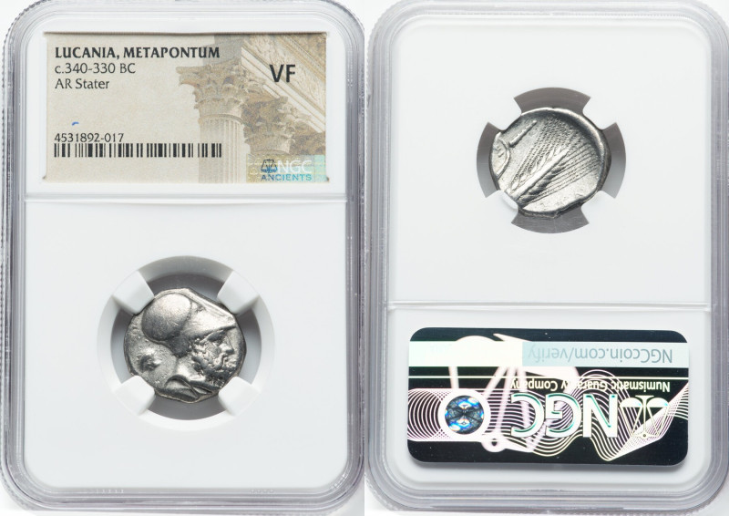 LUCANIA. Metapontum. Ca. 340-330 BC. AR stater (20mm, 8h). NGC VF. Ap- and Ami-,...