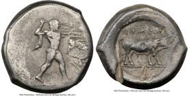 LUCANIA. Poseidonia. Ca. 470-420 BC. AR stater (19mm, 7.51 gm, 8h). NGC VF 3/5 - 3/5, overstruck, brushed. ΠΟΣEI, Poseidon striding right, nude but fo...
