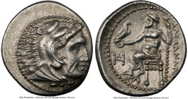 MACEDONIAN KINGDOM. Alexander III the Great (336-323 BC). AR drachm (18mm, 4.27 gm, 1h). NGC Choice AU 4/5 - 2/5, scuff, flan flaw. Lifetime issue of ...