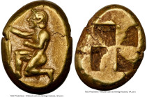 MYSIA. Cyzicus. Ca. 500-450 BC. EL sixth-stater or hecte (12mm, 2.70 gm). NGC Choice XF 4/5 - 5/5. Nude youth kneeling left, holding tunny fish by tai...