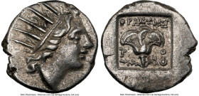 CARIAN ISLANDS. Rhodes. Ca. 88-84 BC. AR drachm (15mm, 1h). NGC Choice XF. Plinthophoric standard, Thrasymedes, magistrate. Radiate head of Helios rig...