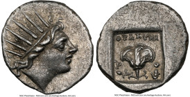 CARIAN ISLANDS. Rhodes. Ca. 88-84 BC. AR drachm (15mm, 12h). NGC XF. Plinthophoric standard, Thrasymedes, magistrate. Radiate head of Helios right / Θ...