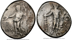 CILICIA. Issus. Ca. 400-370 BC. AR stater (25mm, 1h). NGC Fine. IΣΣI, Apollo standing facing, head left, patera in extended right hand, resting agains...