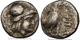 BACTRIA. Sophytes (ca. 305-294 BC). AR diobol (9mm, 8h). NGC VF, scratches. Head of Athena to right, wearing Corinthian helmet / ΣΩΦYTOY, cockerel sta...