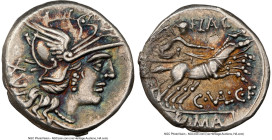 C.Valerius C.f. Flaccus (ca. 140 BC). AR denarius (19mm, 3.79 gm, 10h). NGC Choice XF 5/5 - 3/5, edge chip. Rome. Head of Roma right, wearing pendant ...