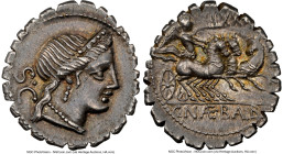 C. Naevius Balbus (79 BC). AR serratus denarius (20mm, 4.00 gm, 12h). NGC AU 4/5 - 5/5. Rome. Head of Venus right, wearing stephane, necklace and earr...