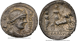 L. Farsuleius Mensor (ca. 76/5 BC). AR denarius (19mm, 4.00 gm, 4h). NGC AU 4/5 - 5/5. Rome. MENSOR, diademed and draped bust of Libertas right; XT an...