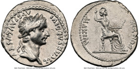Tiberius (AD 14-37). AR denarius (19mm, 3.75 gm, 3h). NGC VF 5/5 - 3/5, scratch. Lugdunum, ca. AD 15-18. TI CAESAR DIVI-AVG F AVGVSTVS, laureate head ...