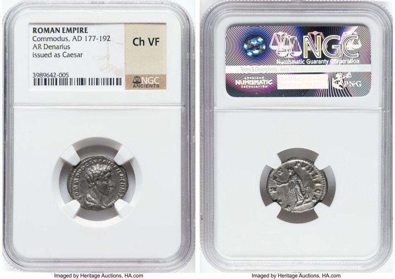 Commodus, as Caesar (AD 177-192). AR denarius (19mm, 11h). NGC Choice VF. Rome, ...
