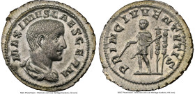 Maximus, as Caesar (AD 235/6-238). AR denarius (20mm, 2.45 gm, 6h). NGC MS 5/5 - 4/5. Rome, AD 236-238. MAXIMVS CAES GERM, bare headed, draped bust of...