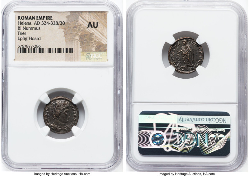 Helena (AD 324-328/30). AE3 or BI nummus (19mm, 6h). NGC AU. Trier, 2nd officina...