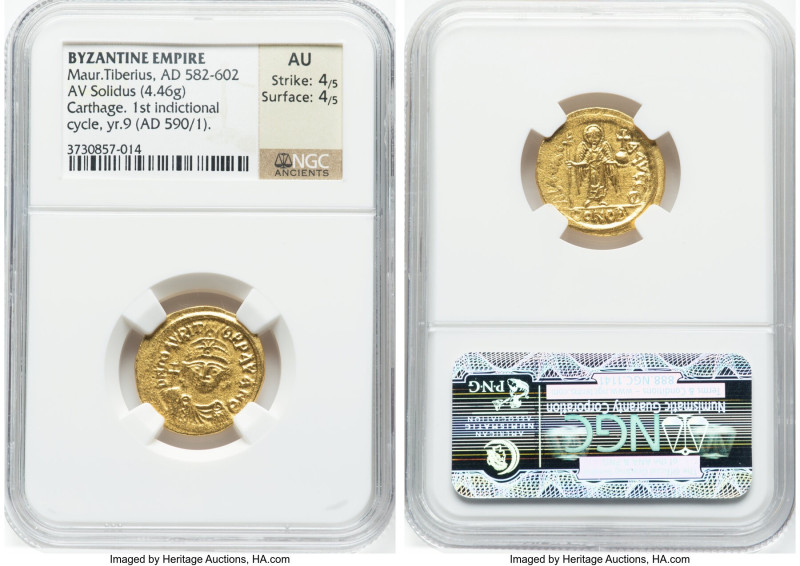 Maurice Tiberius (AD 582-602). AV solidus (20mm, 4.46 gm, 6h). NGC AU 4/5 - 4/5....