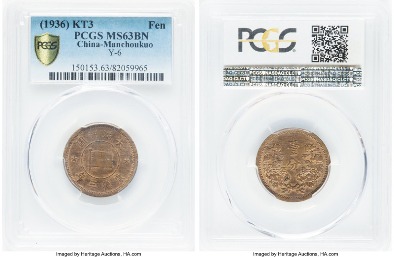 Manchukuo. Japanese Puppet State K'ang-te Fen Year 3 (1936) MS63 Brown PCGS, KM-...