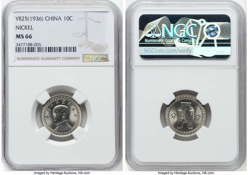 Republic nickel 10 Cents Year 25 (1936) MS66 NGC, Shanghai mint, KM-Y349. HID098...