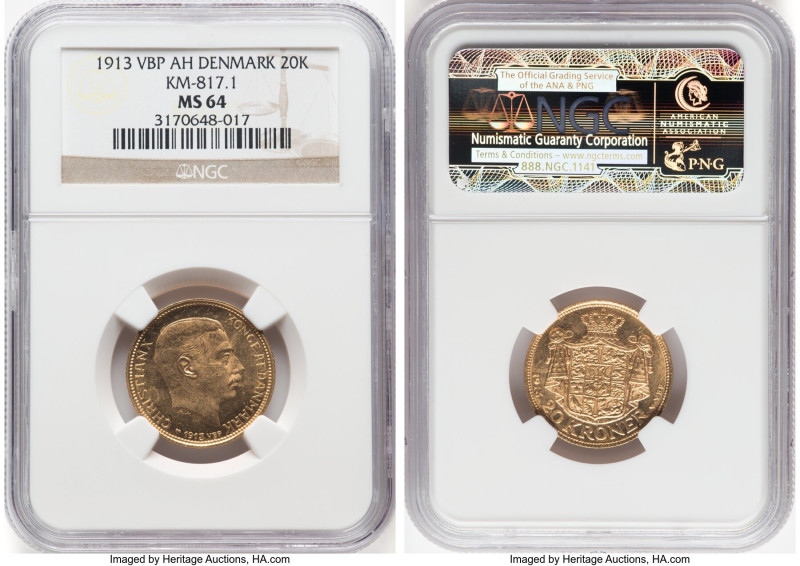 Christian X gold 20 Kroner 1913 (h)-VBP MS64 NGC, Copenhagen mint, KM817.1, Fr-2...