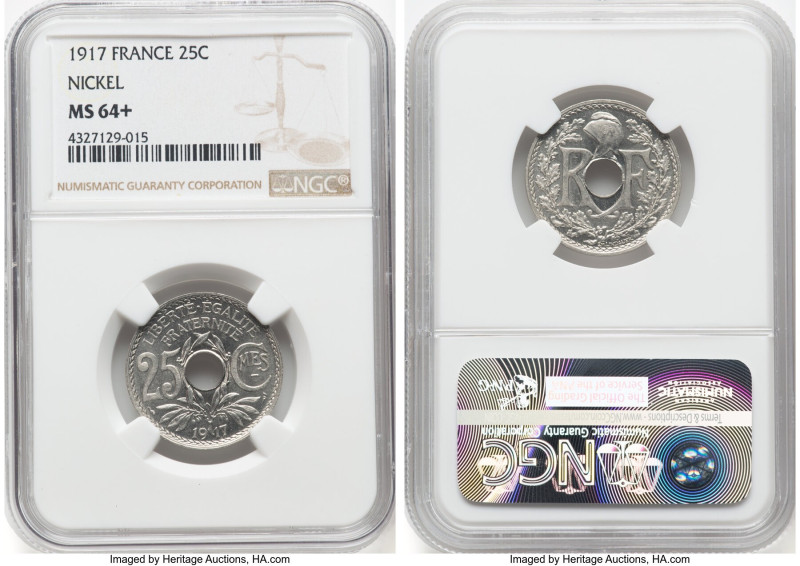 Republic nickel 25 Centimes 1917 MS64+ NGC, Paris mint, KM867a. HID09801242017 ©...