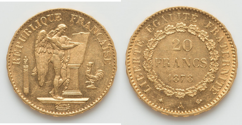 Republic gold 20 Francs 1878-A AU, Paris mint, KM825, Gad-1063. 21.1mm. 6.44gm. ...