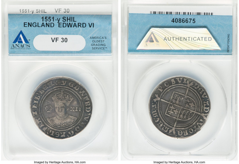 Edward VI (1547-1553) Shilling ND (1551) VF30 ANACS, Southwark mint, y mm, S-248...