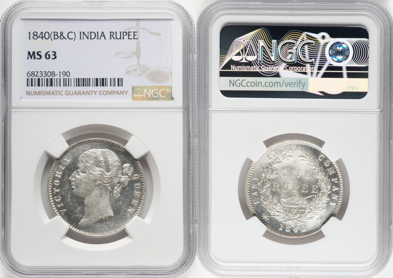 British India. Victoria Rupee 1840-(b & c) MS63 NGC, Bombay and Calcutta mint, K...